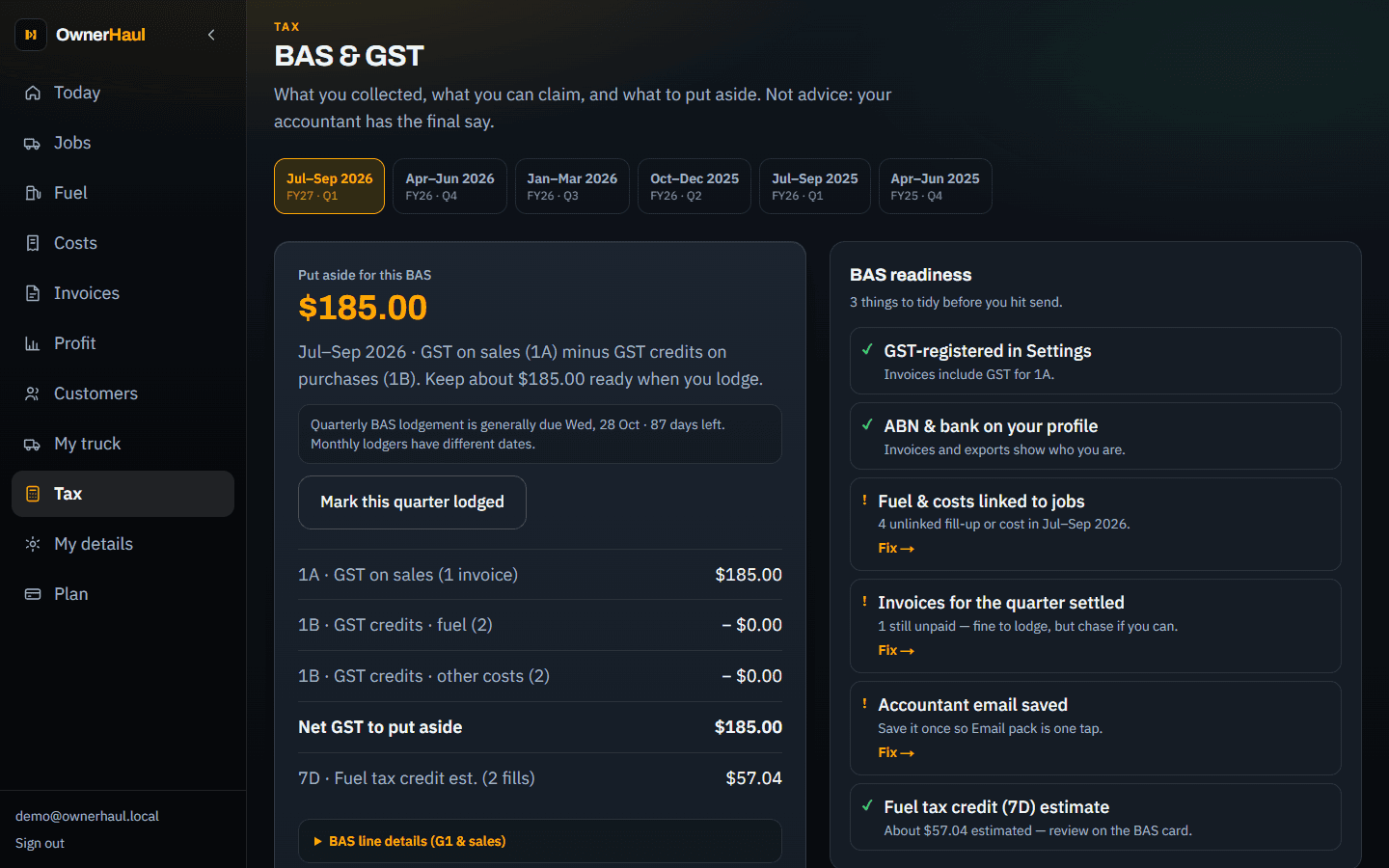 OwnerHaul Tax screen showing BAS GST put-aside and readiness checklist